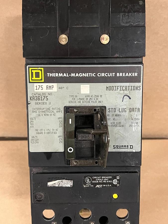 Used Square D KA36175 175A, 3-Pole, 600V Thermal Magnetic Circuit Breaker