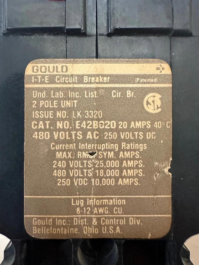 Used Gould I-T-E E42B020 20A 2 Pole Circuit Breaker