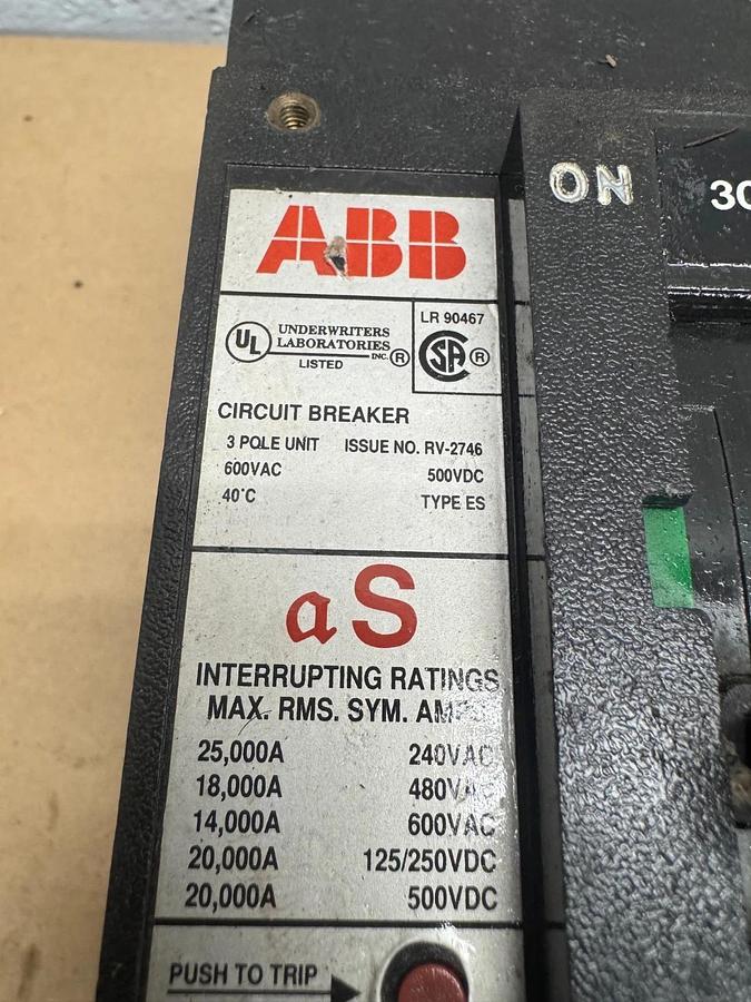 Used ABB LR 90467 30A Circuit Breaker, 3 Pole, 600 VAC, 500 VDC