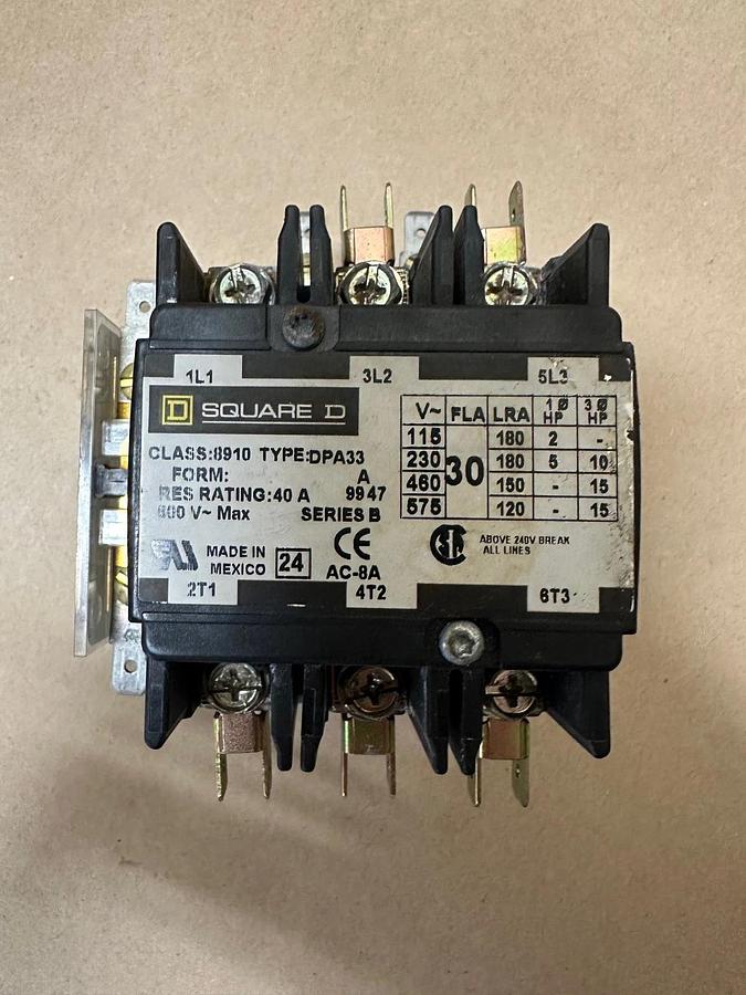 Used Square D 8910 DPA33 Contactor  w/ Square D 9999 D10 Auxiliary Contact Block