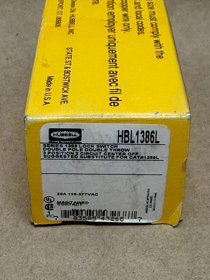 Hubbell HBL1386L Series 1300 Lock Switch, 2-Pole, 2 Throw, 3 Position, 20A