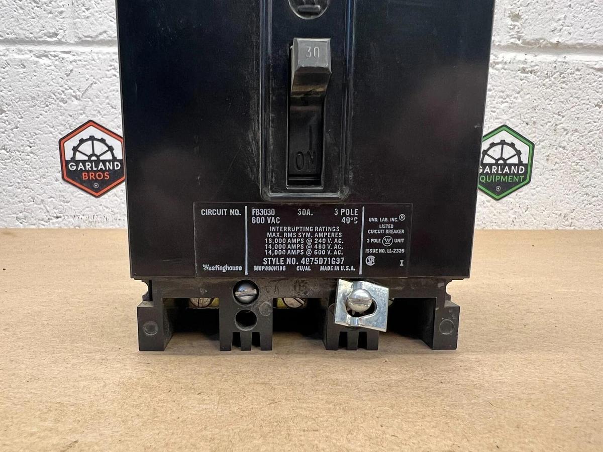 Used Westinghouse FB3030 30 Amp, 3 Pole, 600 VAC Circuit Breaker