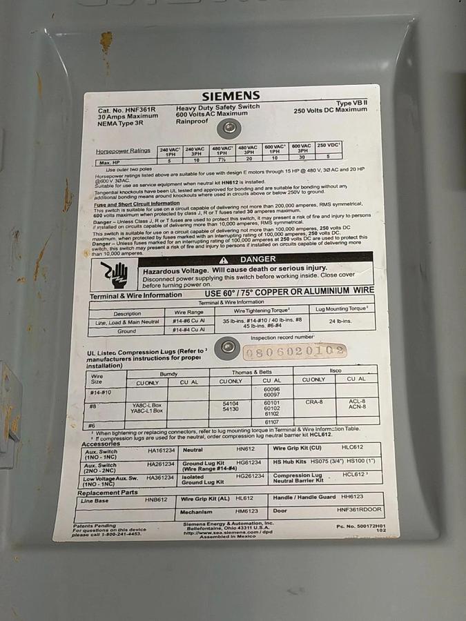 Used Siemens HNF361R Heavy Duty Safety Switch, 30A, 600VAC, 250VDC