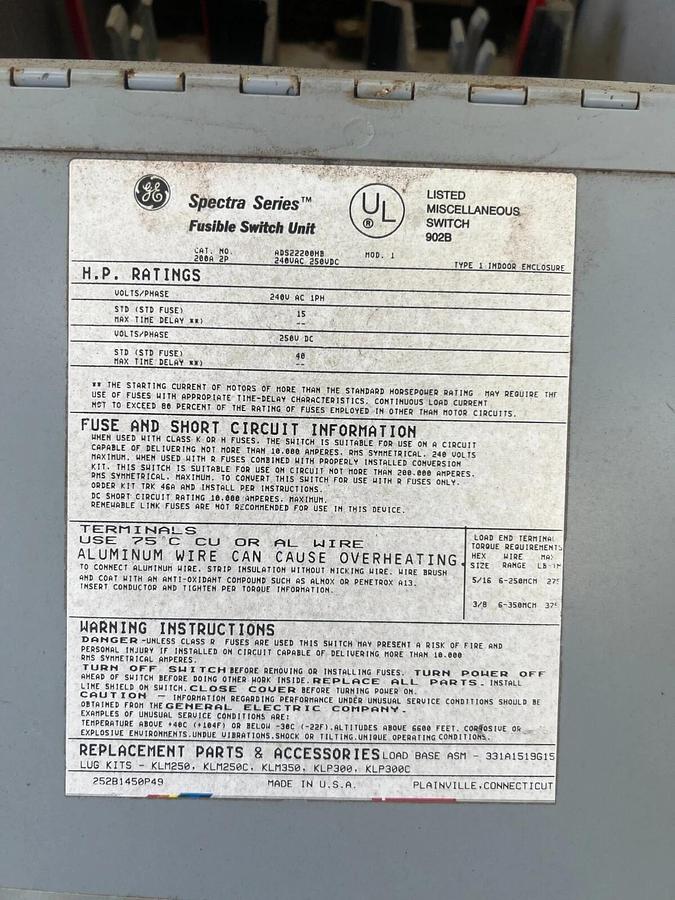 Used General Electric ADS22200HB Spectra Series 200Amp Fusible Switch Unit