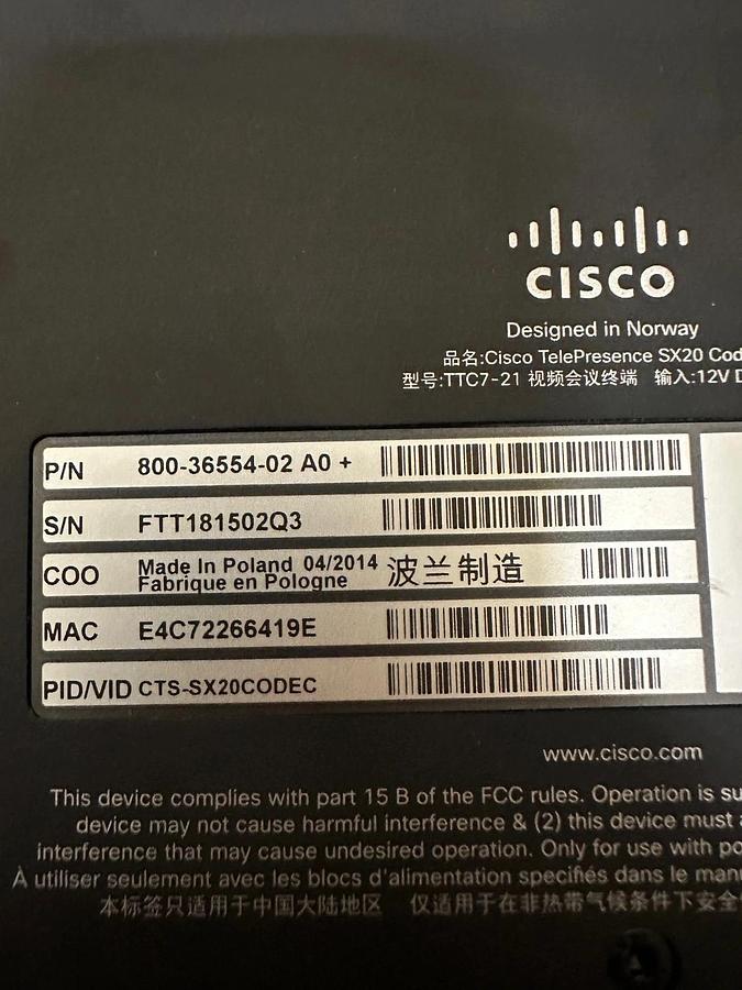 Used CISCO 800-36554-02 A0+ SX20 Codec