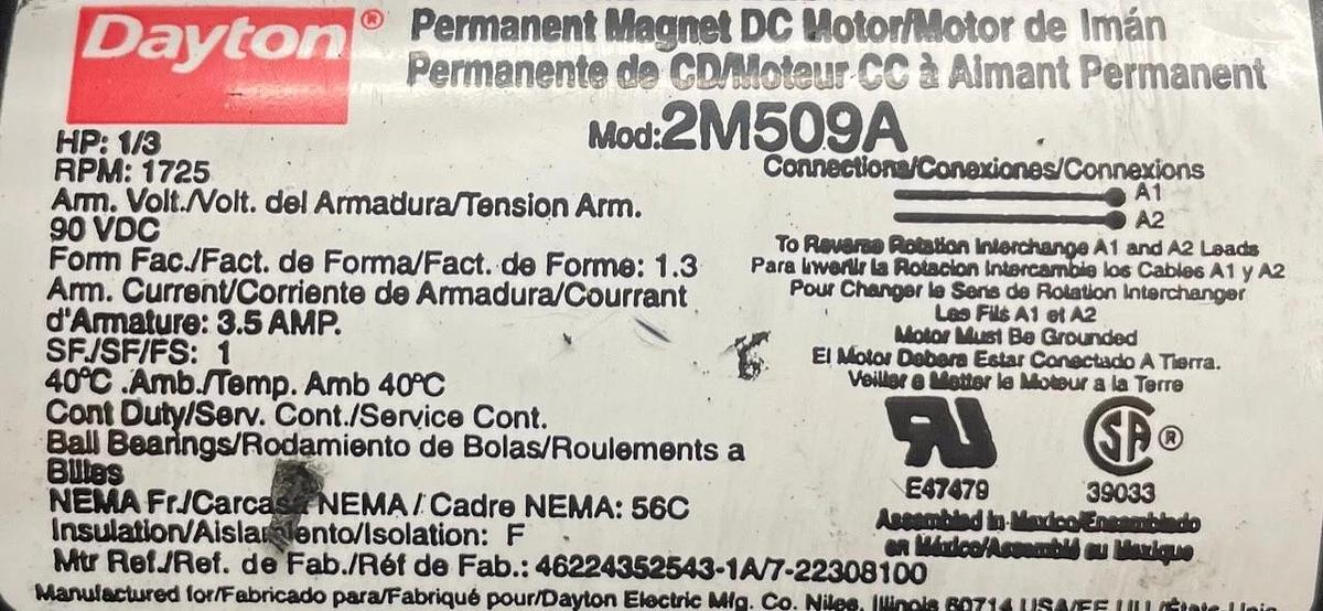 Used Dayton 2M509A Permanent Magnet Motor, 1/3 Hp, 1750 RPM, 90 VDC
