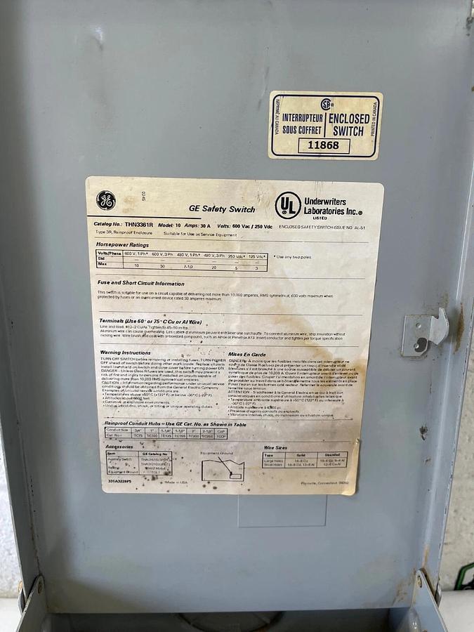 Used General Electric THN3361R Heavy Duty Safety Switch 30A 600VAC 250VDC Max HP 30