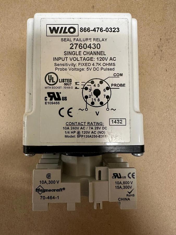 Used WILO 2760430 Macromatic Seal Leak Relay w/ Magnecraft Base