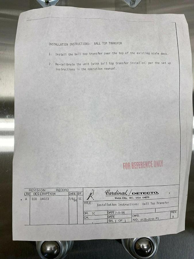 Cardinal Detecto 8525-A194 Ball Top Transfer, 18”x18” w/ Reference Sheet