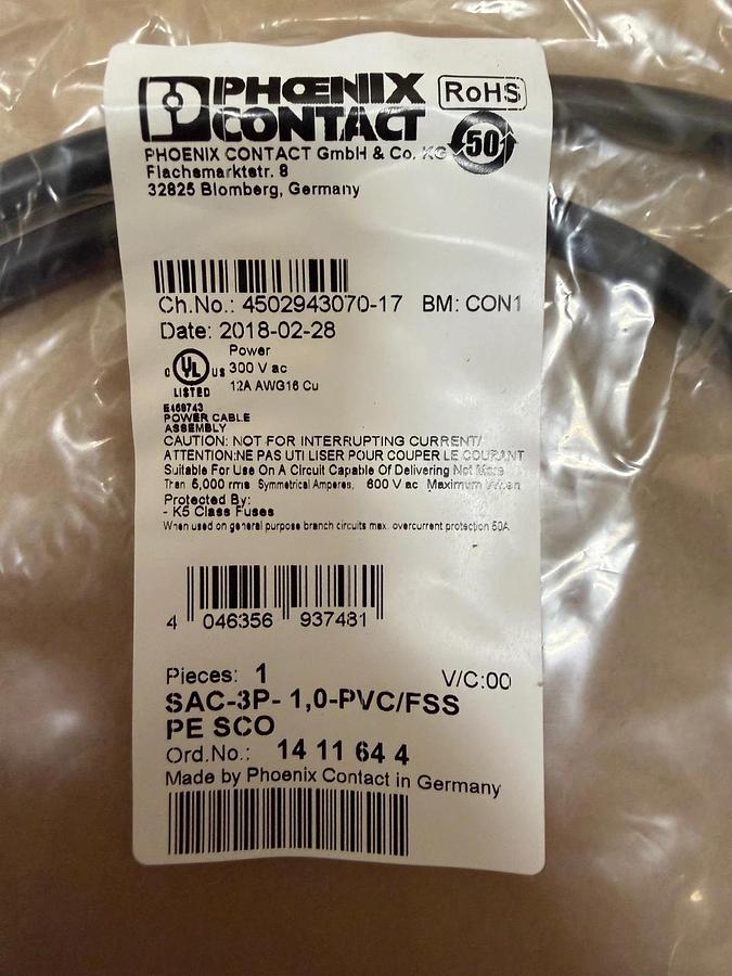 Used Phoenix Contact SAC-3P-1,0-PVC/FSS PE SCO Power Cable *NEW*
