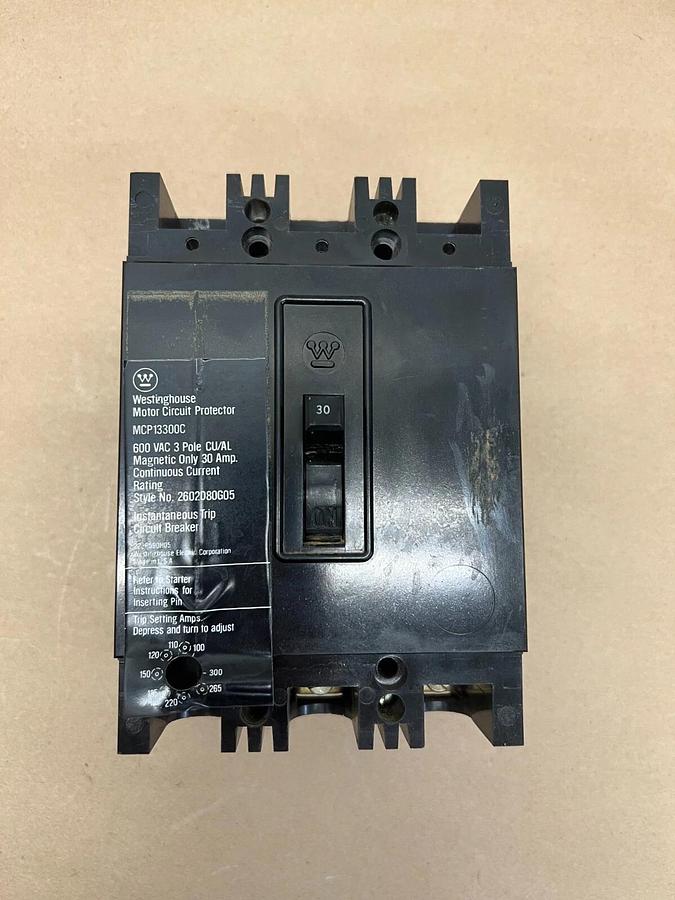 Used Westinghouse MCP13300C 30 Amp, 600 VAC, 3 Pole Motor Circuit Protector