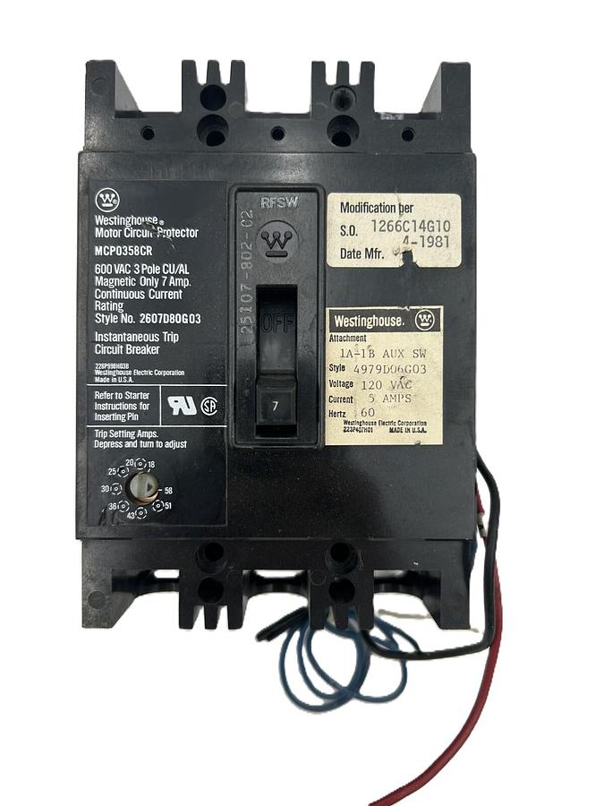 Used Westinghouse Motor Circuit Protector MCP0358, 7A, 3 Pole, 600 VAC