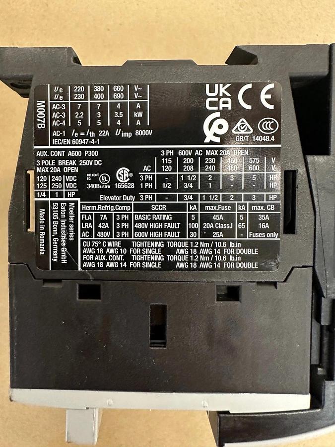 Used Eaton XTPR6P3BC1, R02, M007B Overload Relay with 2 Contactors