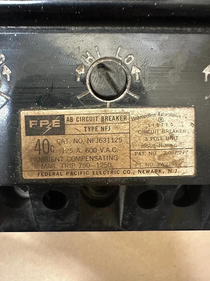 Used Federal Pacific Electric Company NFJ 125A 3 Pole Circuit Breaker