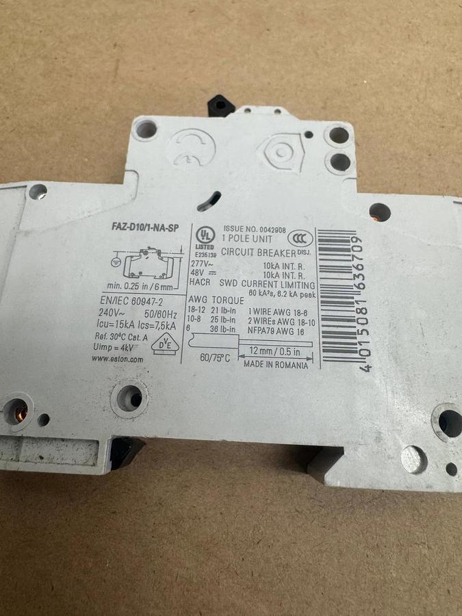 Used Eaton FAZ-D10/1-NA-SP 1 Pole 10A Circuit Breaker *NEW*