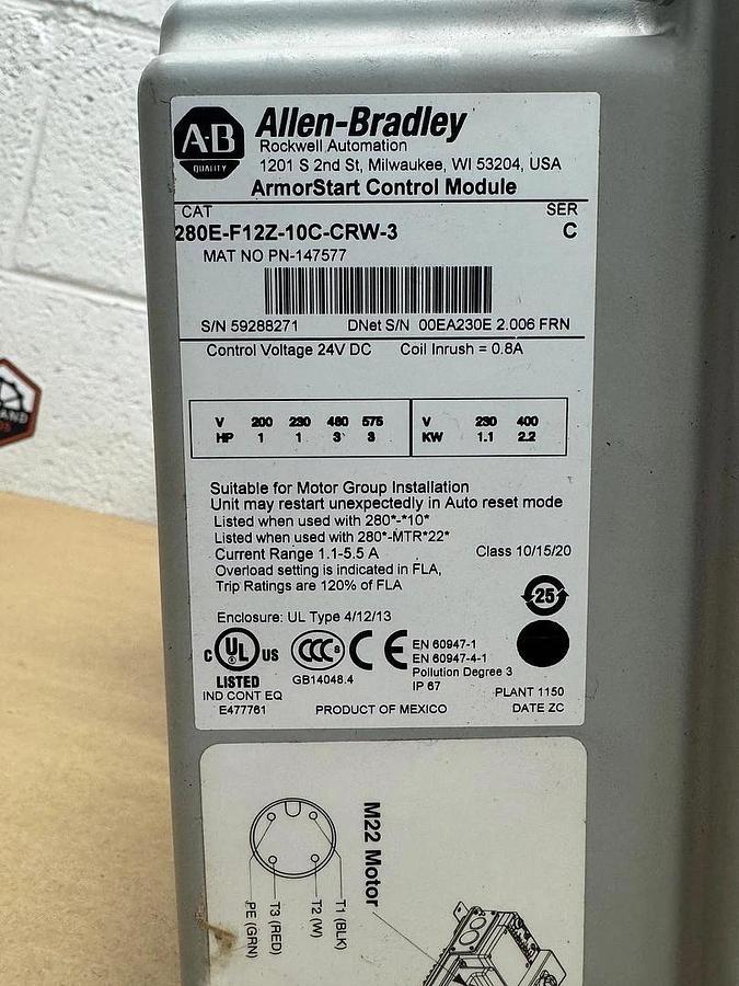 Allen Bradley 208E-F12Z-10C-CRW-3 Combination Starter and Base, Series C
