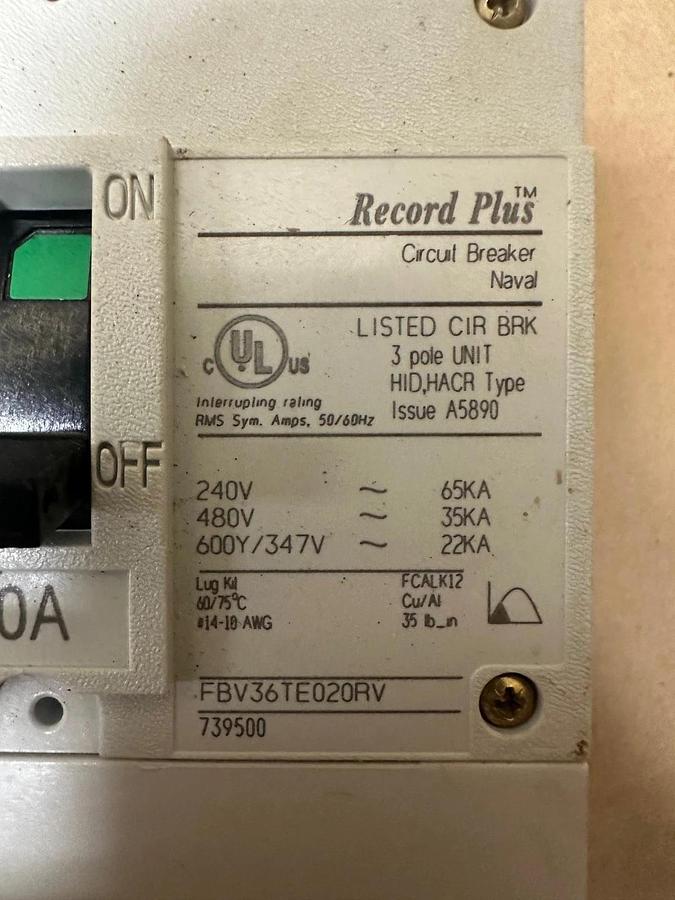 Used General Electric FBV36TE020RV 20A Circuit Breaker