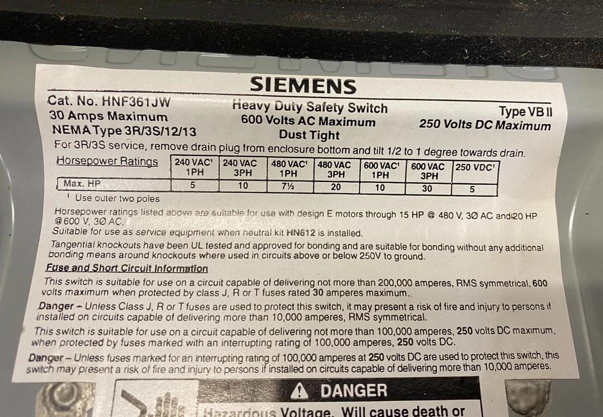 Used Siemens HNF361JW Heavy Duty Safety Switch Type VB II 30A 600VAC 250VDC