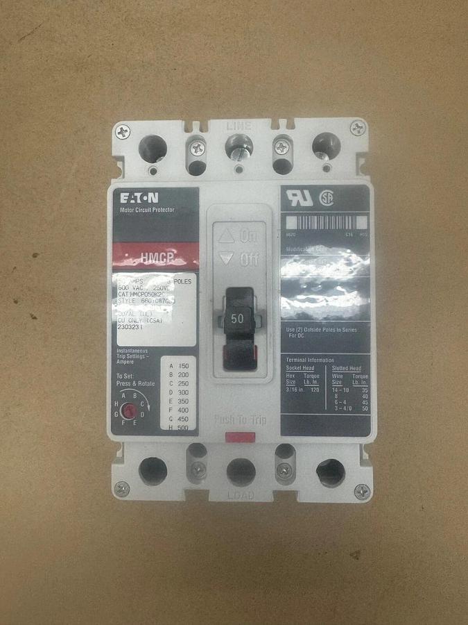 Used Eaton HMCP050K2C Motor Circuit Protector 50A, 600VAC-250VDC, 3 Poles