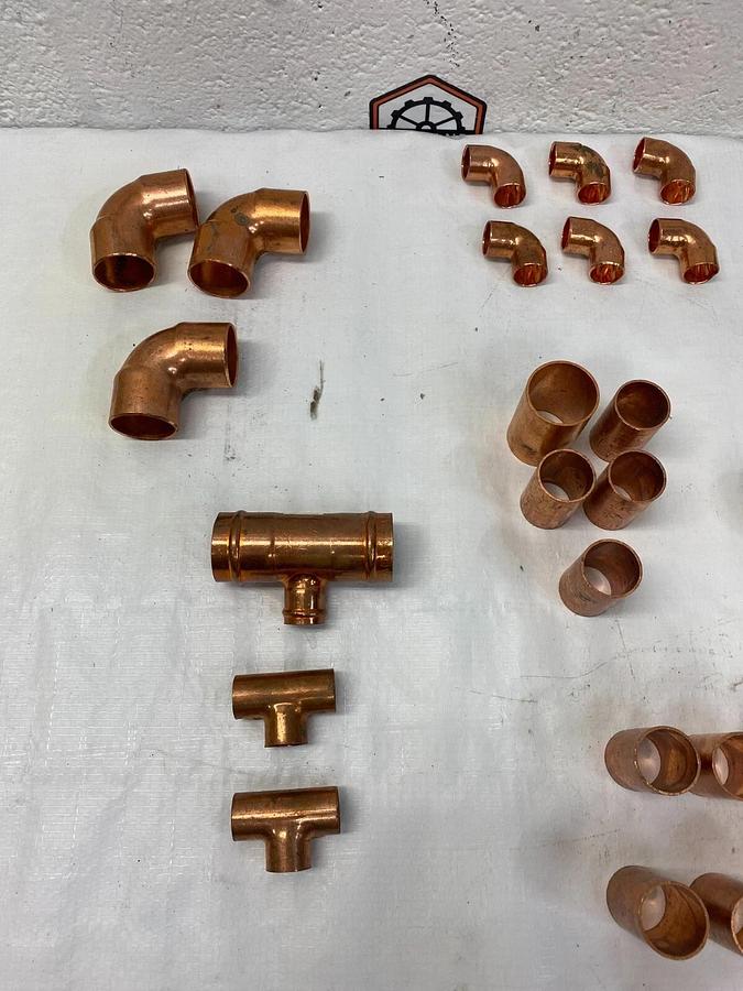 Used Nibco Lot of 41 Copper Fittings: Elbows Couplers T-Mount Piping Strap End Caps