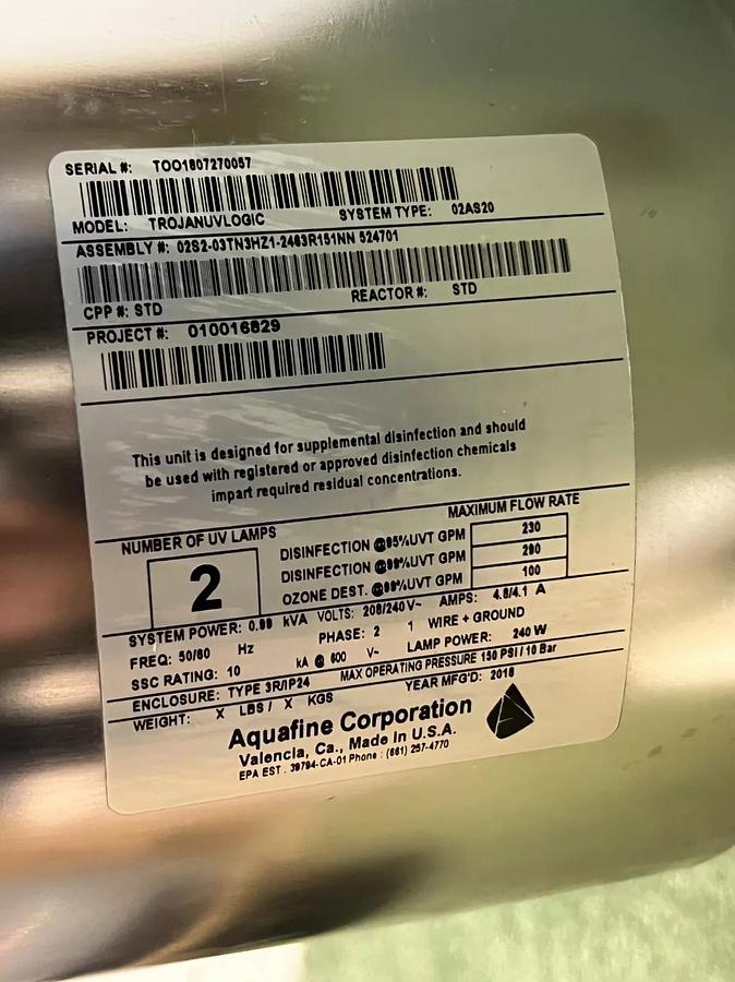 Used Aquafine Corp. TROJANUVLOGIC System Type: 02AS20 Water Treatment Assembly