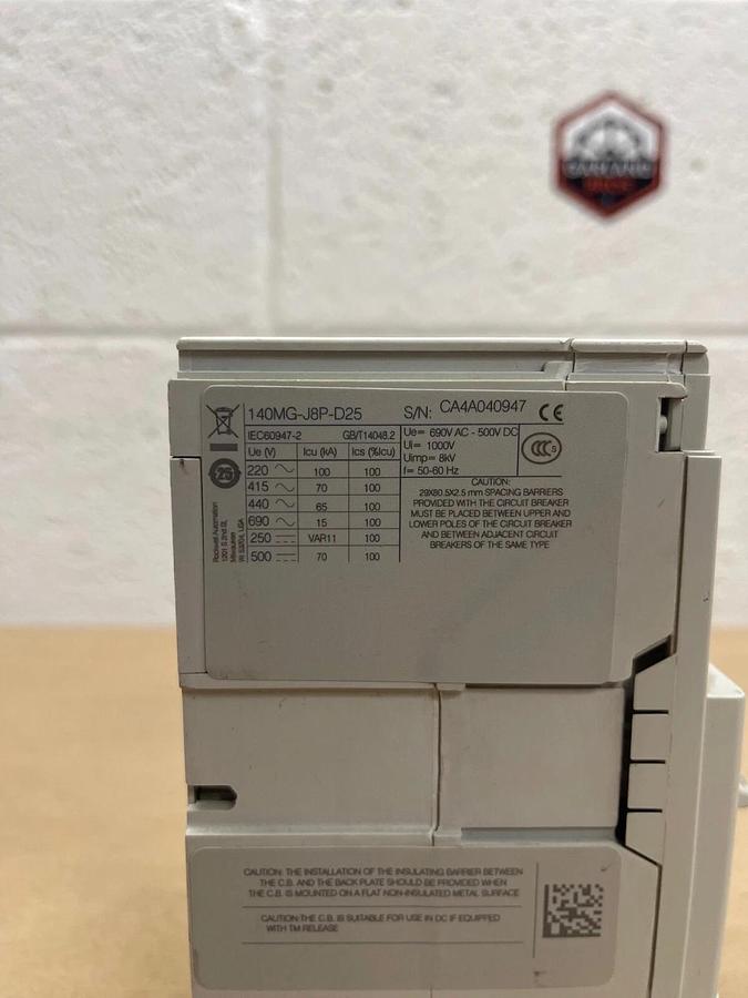 Used Allen-Bradley 140MG-J8P-D25 Instantaneous Trip Circuit Breaker 3 Pole 480V-600V