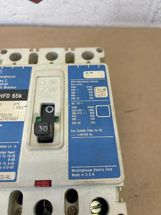 Used Westinghouse HFD3030L Industrial Circuit Breaker, Series C, 30A, 600 VAC, 3 Pole