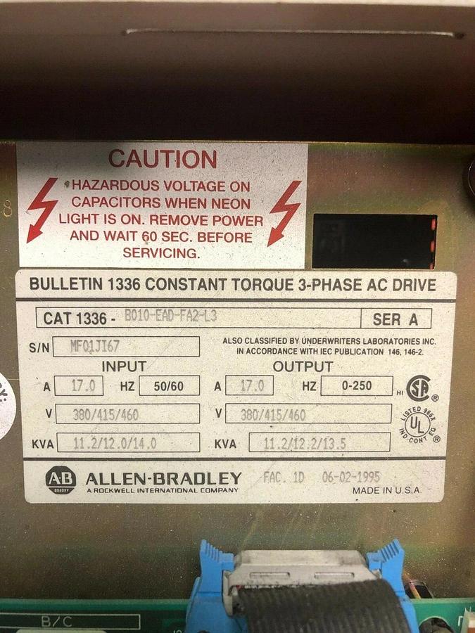Used Allen Bradley 1336-BO1O-EAD-FA2-L3 Adjustable Frequency AC Drive, Series A