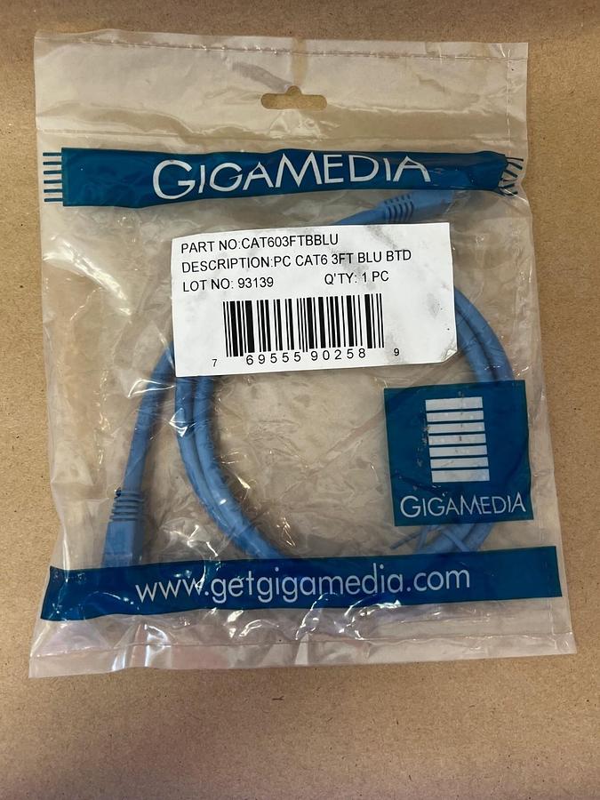 Used Gigamedia CAT603FTBBLU PC CAT6, 3 ft Patchcord *FACTORY SEALED*