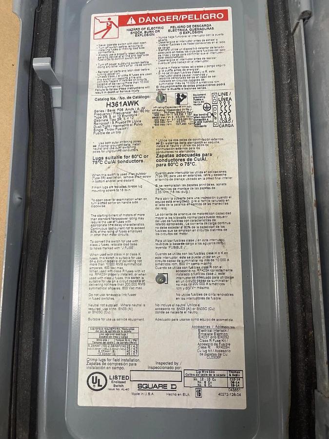 Used Square D H361AWK Heavy Duty Safety Switch