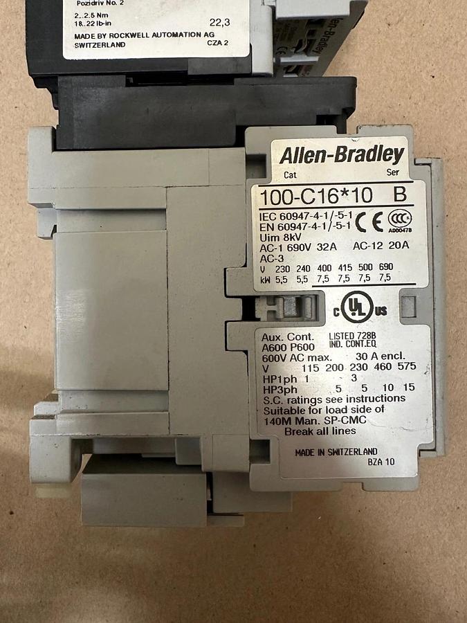 Used Allen Bradley 140M-C2E-C16 Ser C Circuit Breaker w/ 100-C16*10 Contactor