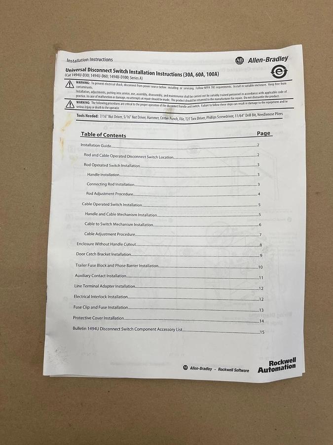 Used Allen Bradley 1494U-D30 Series A 30A Disconnect Switch
