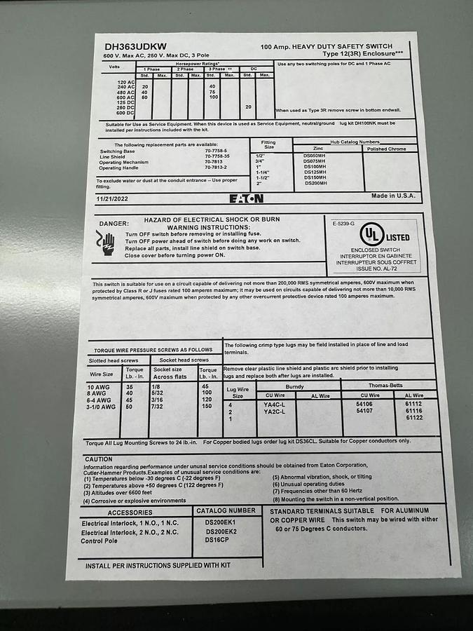 Eaton DH363UDKW Heavy Duty Non-Fused Safety Switch, 100 A, 3 P, 600 V