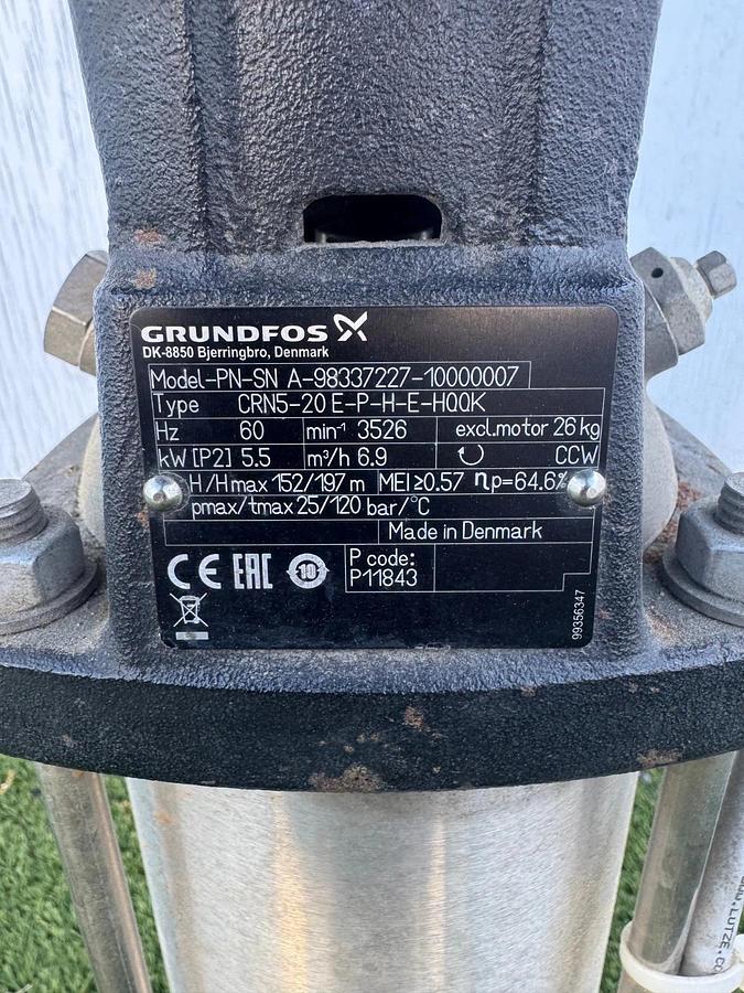 Used Grundfos CRN5-20E-P-H-E-HQQK, 7.5Hp Motor @ 3526RPM, CCW Booster Pump, 30 GPM