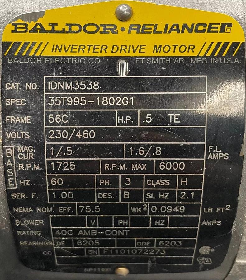 Used Baldor-Reliance IDNM3538 Inverter Drive Motor, .5 HP, 230/460 Volts, 6000 RPM