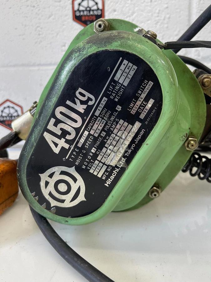 Used Hitachi G608499037 Electric Chain Hoist Type 1/2E₂ 450kg Cap 3m Lift 200V 2Ph
