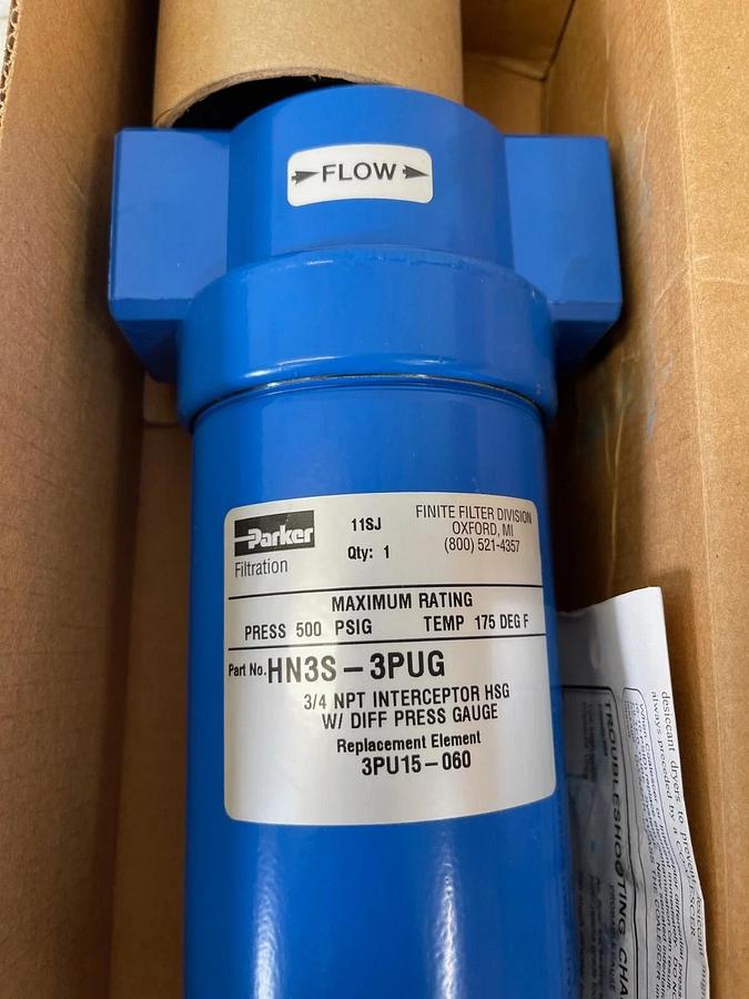 Used Parker HN3S-3PUG, 3/4 NPT Interceptor HSG w/ Diff Press Gauge