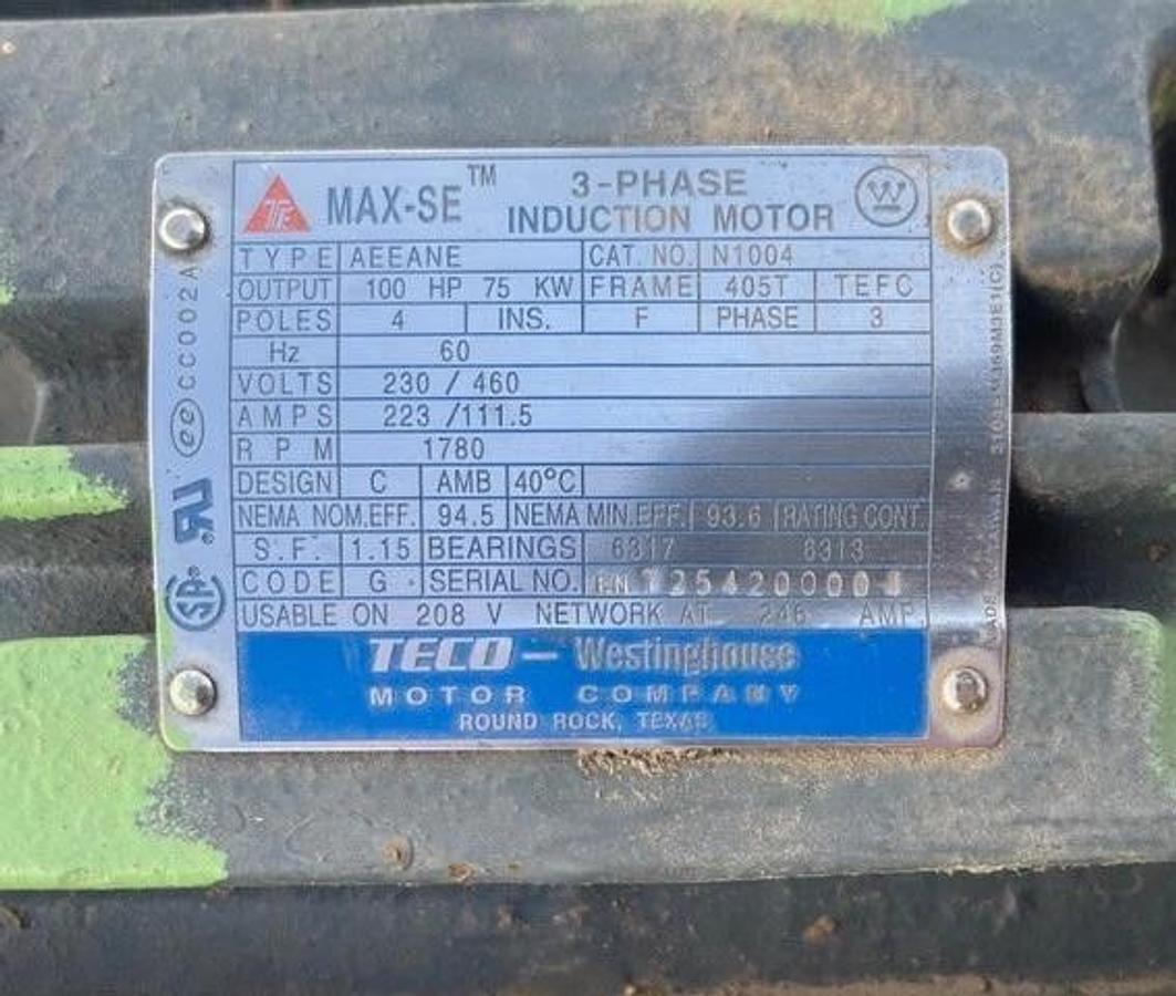 Used Teco Westinghouse N1004, 100HP, 1780RPM, 230/460V, 3 PH, Frame: 405T