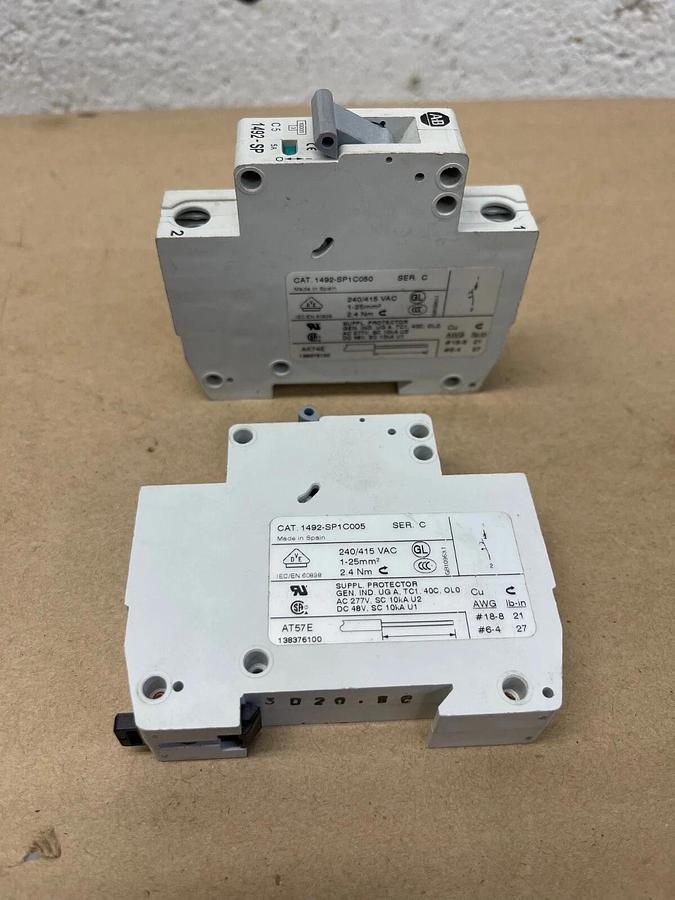 Used Allen-Bradley 1492-SP1C050 Supplementary Protector Ser C 240/415VAC 5A, Lot of 2