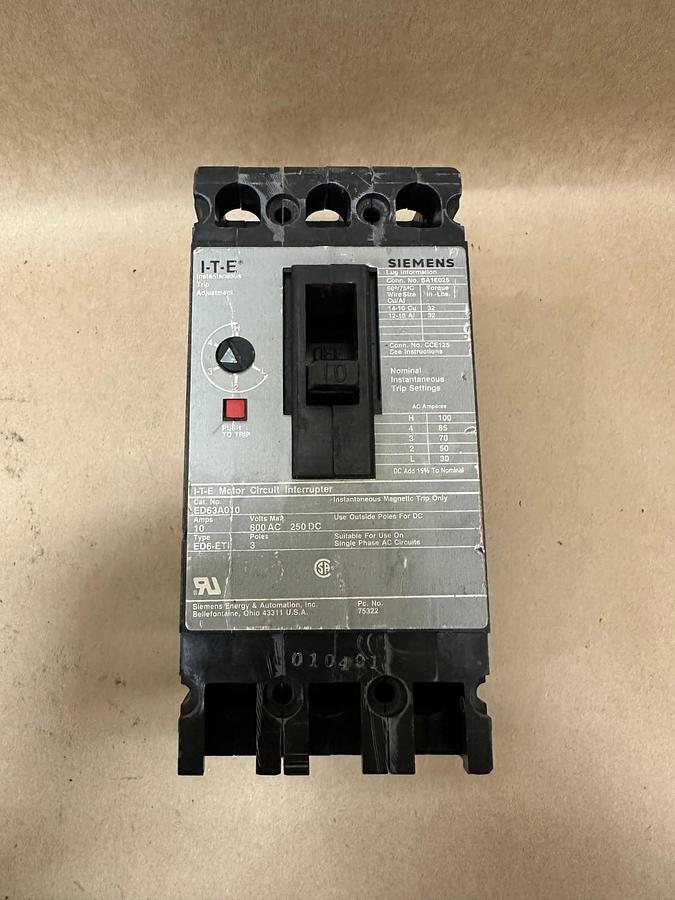 Used Siemens ED63A010 Molded Case Circuit Breaker 10A