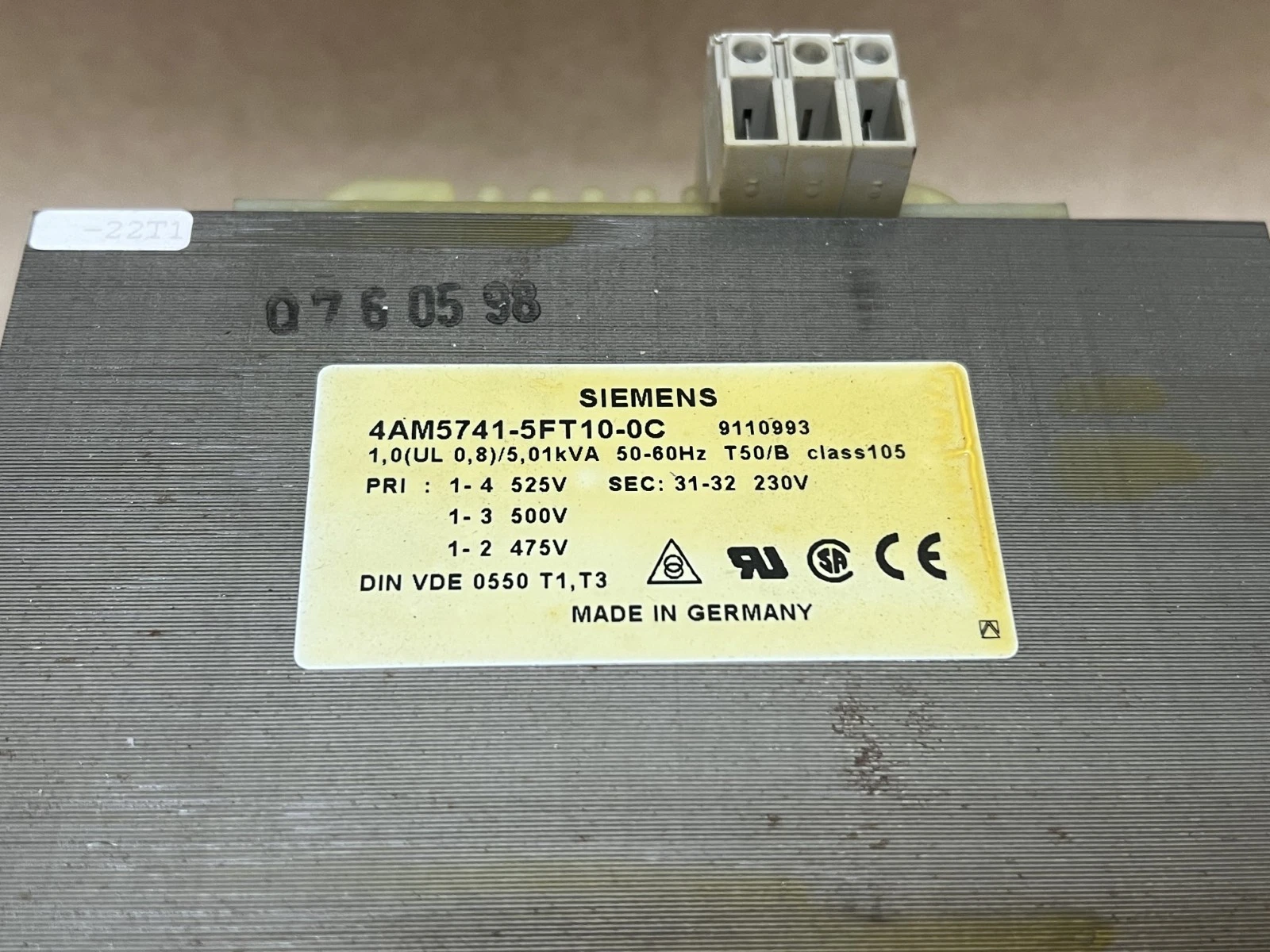 Used Siemens 4AM5741-5FT10-0C 1.0 (UL 0.8)/5.01KVA Transformer