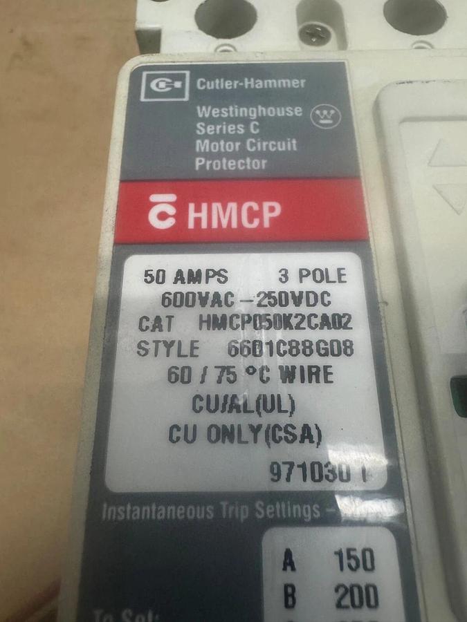 Used Cutler-Hammer HMCP050K2CA02 Industrial Circuit Breaker, 50 A, 600 V, 3 Pole