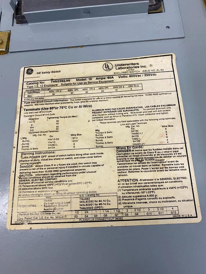 Used General Electric THN3362JW Heavy Duty Safety Switch Model:10 60A 600Vac/250Vdc