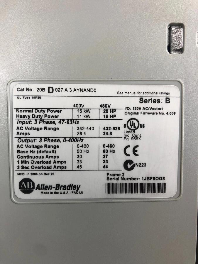Allen Bradley 20BD027A3AYNAND0 Series B AC Drive, PowerFlex 700
