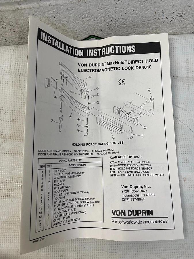 Von Duprin Ingersoll Rand DS 4010 US28 ATD RC24 Electromagnetic Lock Max-Hold