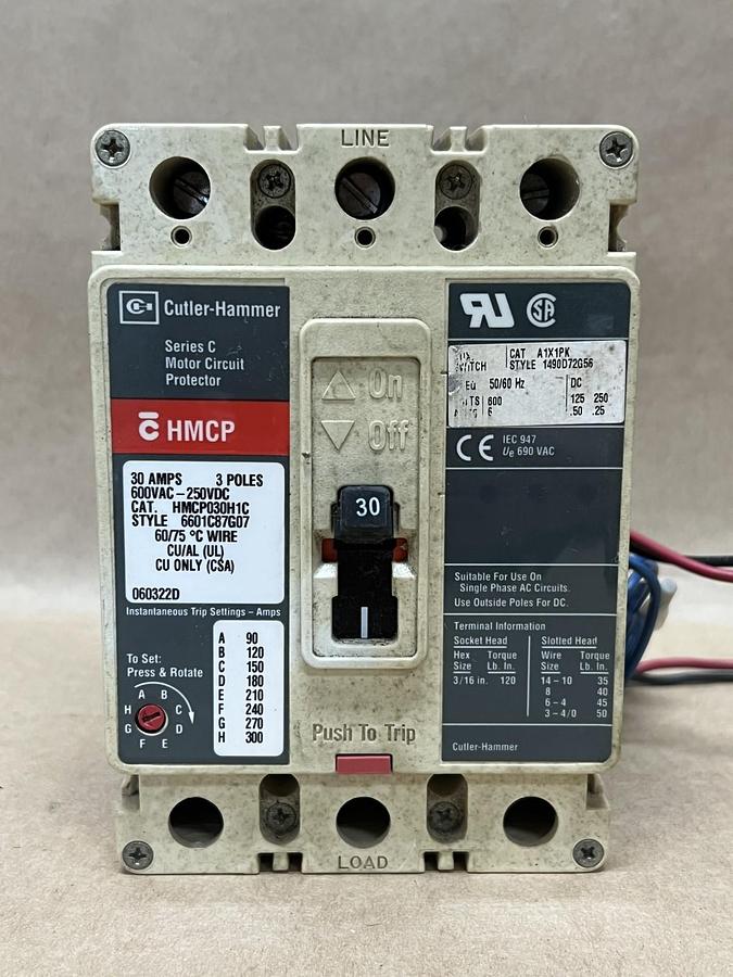 Used Cutler-Hammer HMCP030H1C 30A Ser C Motor Circuit Protector Style 6601C87G07