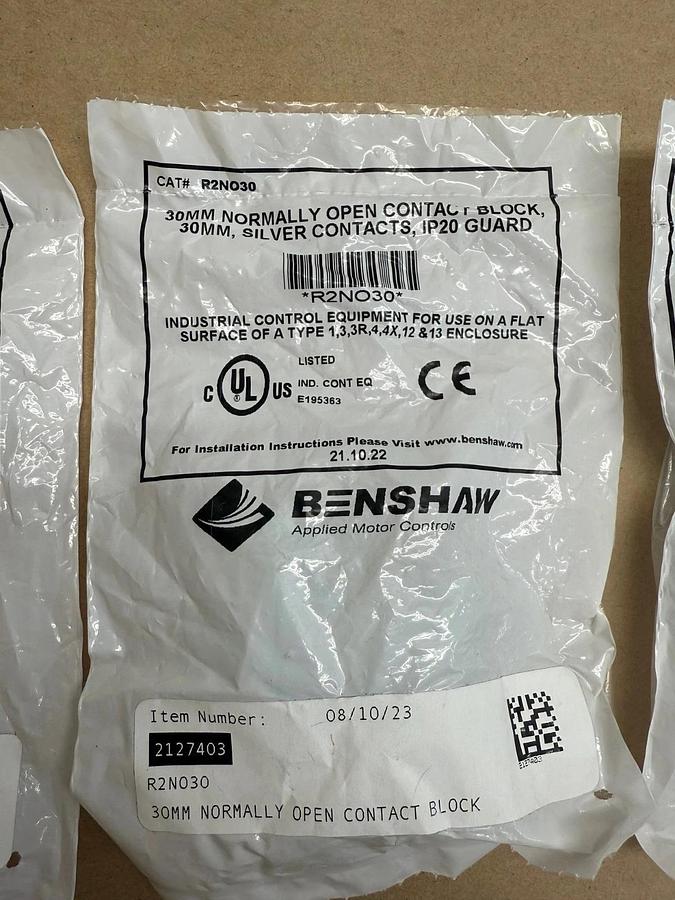 Used Benshaw R2NO30, 30mm Normally Open Contact Block LOT of 3 *NEW SEALED PACKAGING*