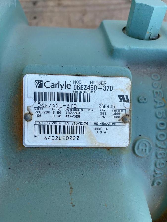 Used Carlyle 06EZ450-370 Semi-Hermetic Compressor, 3 Ph, 60 Hz, 208-230/460V