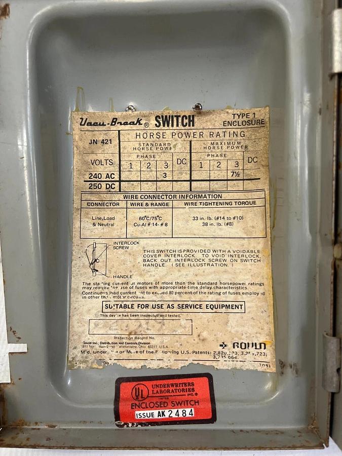 Used Gould JN421 General Duty Safety Switch (ITE) ( 30 amps, 240 volts)