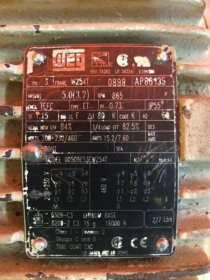 Used WEG 00509ES3EW254T, 3 HP, 865 RPM, Electric Motor, W254T Frame, 3 Phase